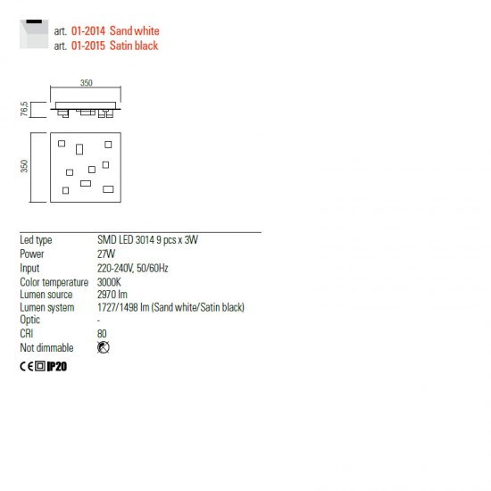 Plafoniera Redo Pixel, alb mat, LED, 27W, 1727 lumeni, alb cald 3000K, 01-2014