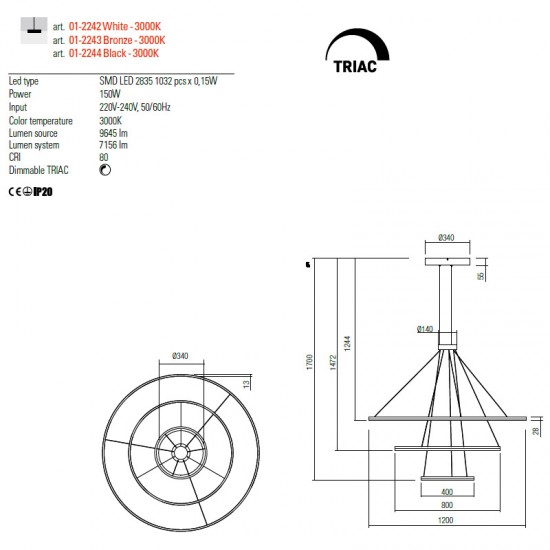 Suspensie Redo Orbit, negru mat, LED, 150W, 7156 lumeni, alb cald 3000K, 120 cm+80 cm+40 cm, 01-2244