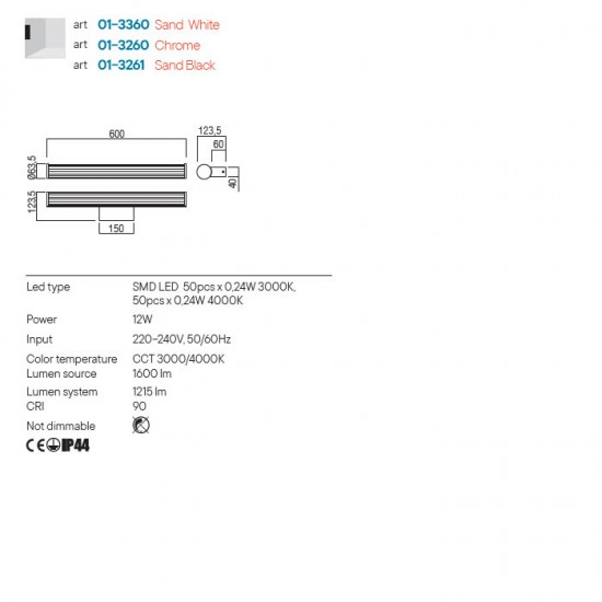 Aplica Redo Dizzy, alb mat, LED, 12W, 1215 lumeni, 3000K/4000K, L.60 cm, IP44, 01-3360