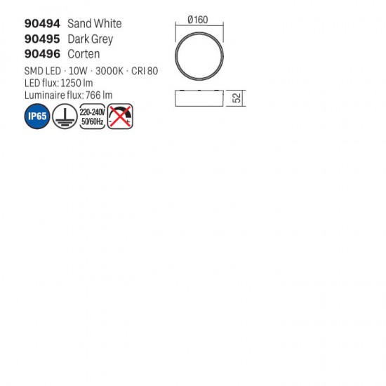 Plafoniera exterior Urania, alb mat, LED, 10W, 766 lumeni, alb cald 3000K, IP65, D.16 cm, 90494