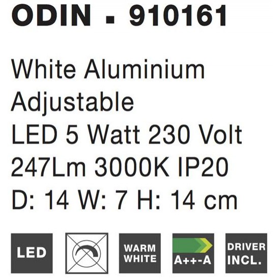 Aplica Nova Luce Odin, alb, LED, 5W, 247 lumeni, alb cald 3000K, D.14 cm, 910161