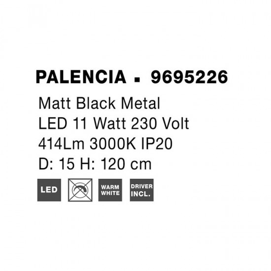 Suspensie Nova Luce Palencia, negru, LED, 11W, 414 lumeni, alb cald 3000K, D.15cm, 9695226