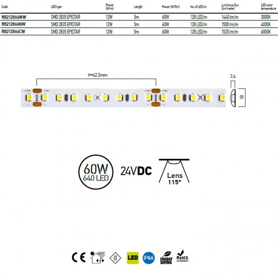 Bandă flexibilă cu LED-uri, 12W/metru, XRibo RB212866